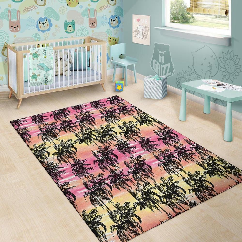 Palm Tree Sunset Print Pattern Floor Mat-grizzshop