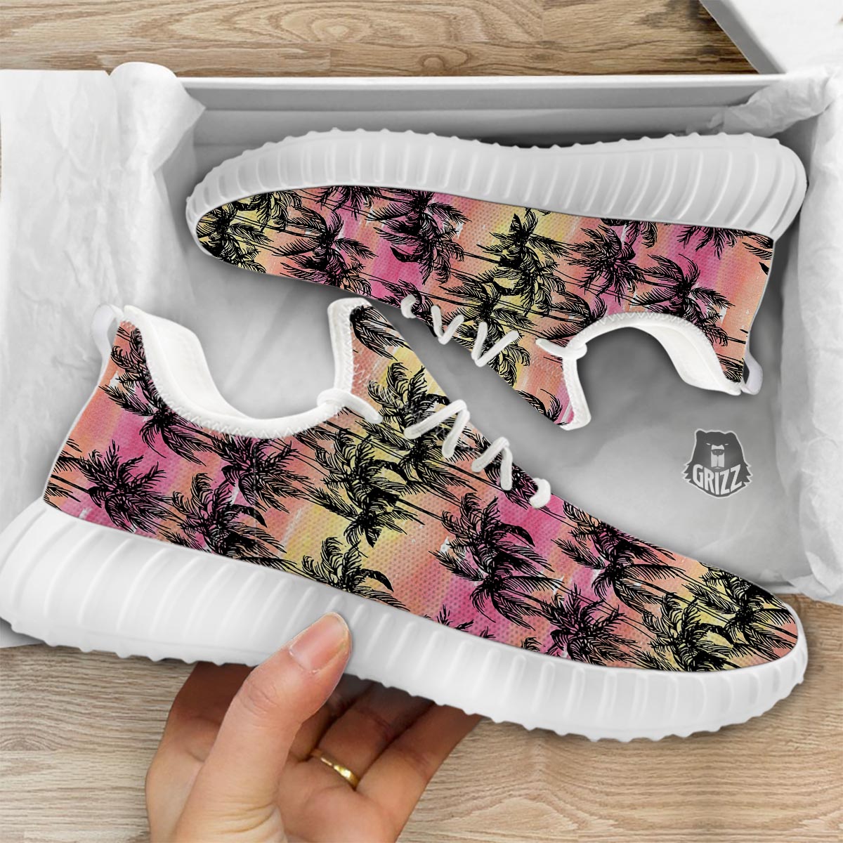 Palm Tree Sunset Print Pattern White Walking Shoes-grizzshop