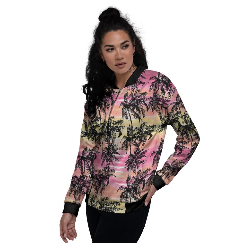 Palm Tree Sunset Print Pattern Women's Bomber Jacket-grizzshop