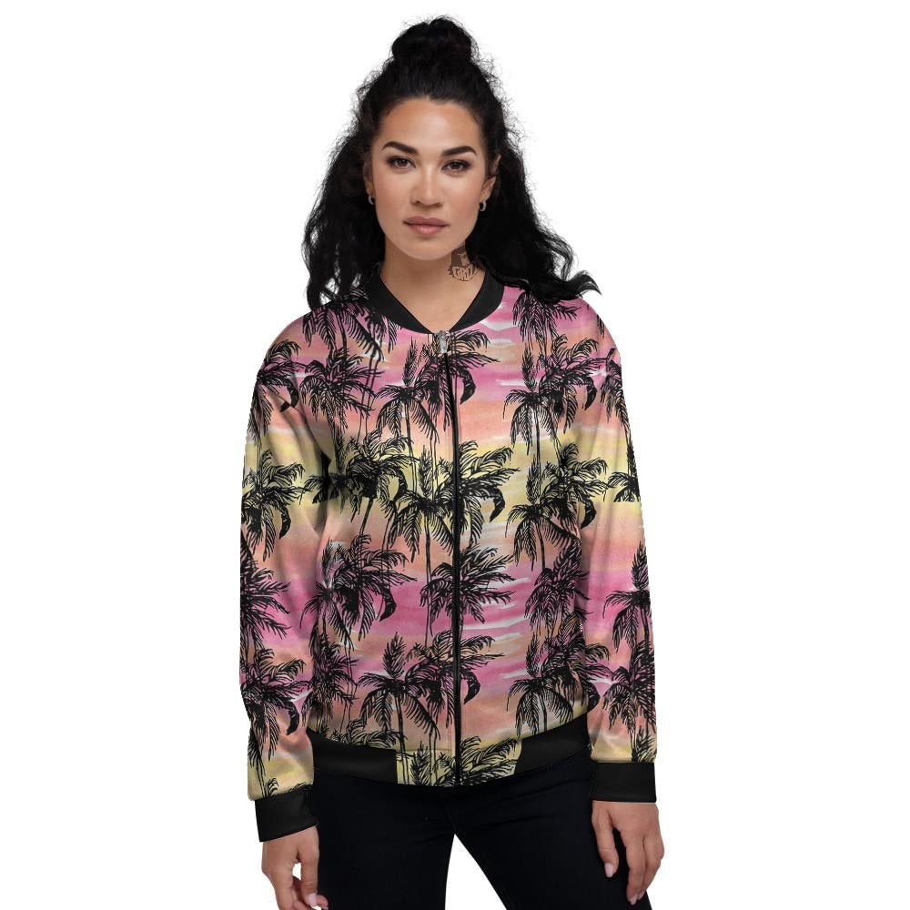 Palm Tree Sunset Print Pattern Women's Bomber Jacket-grizzshop