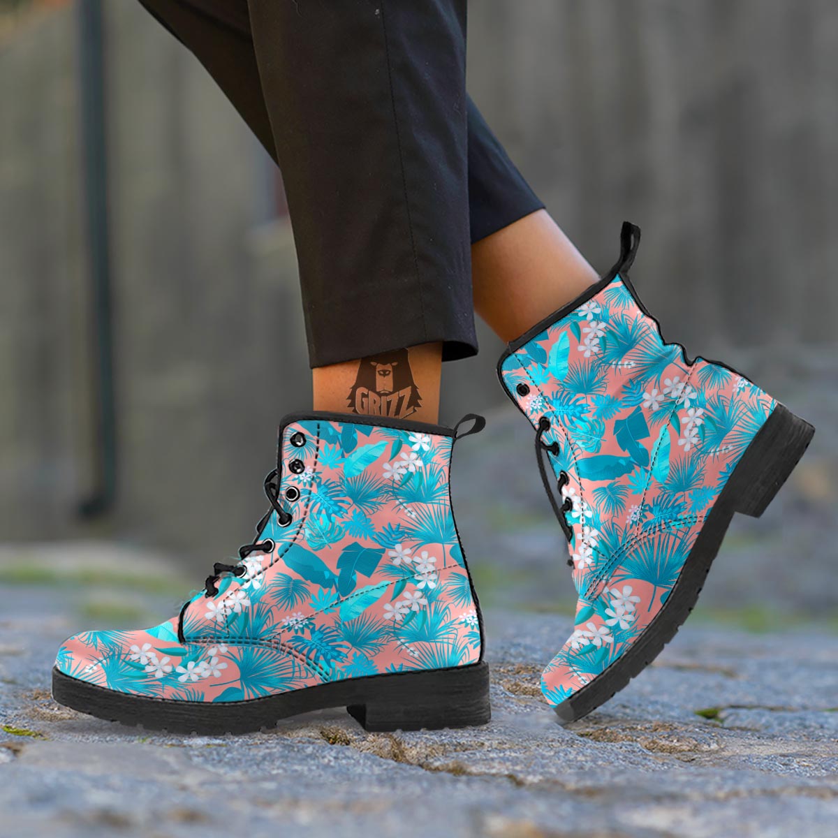 Palm Tree Teal Print Pattern Leather Boots-grizzshop