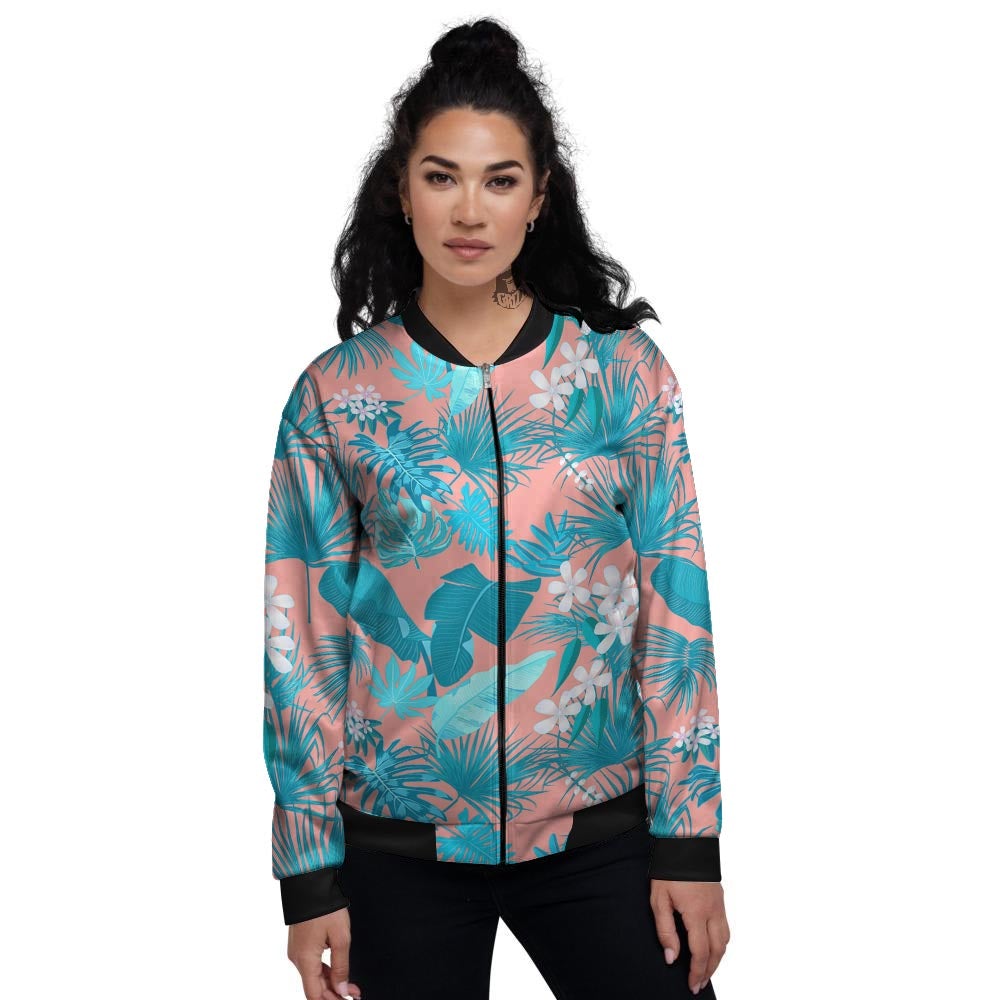 Palm Tree Teal Print Pattern Women's Bomber Jacket-grizzshop