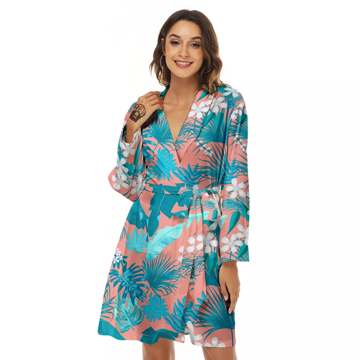 Palm Tree Teal Print Pattern Women's Robe-grizzshop