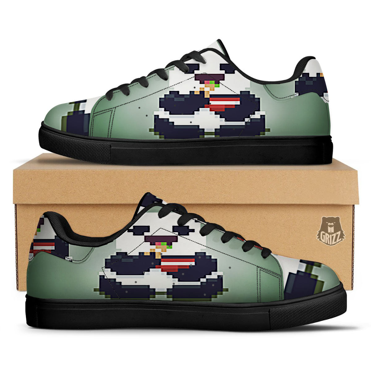 Panda 8-Bit Pixel Print Black Low Top Sneakers-grizzshop