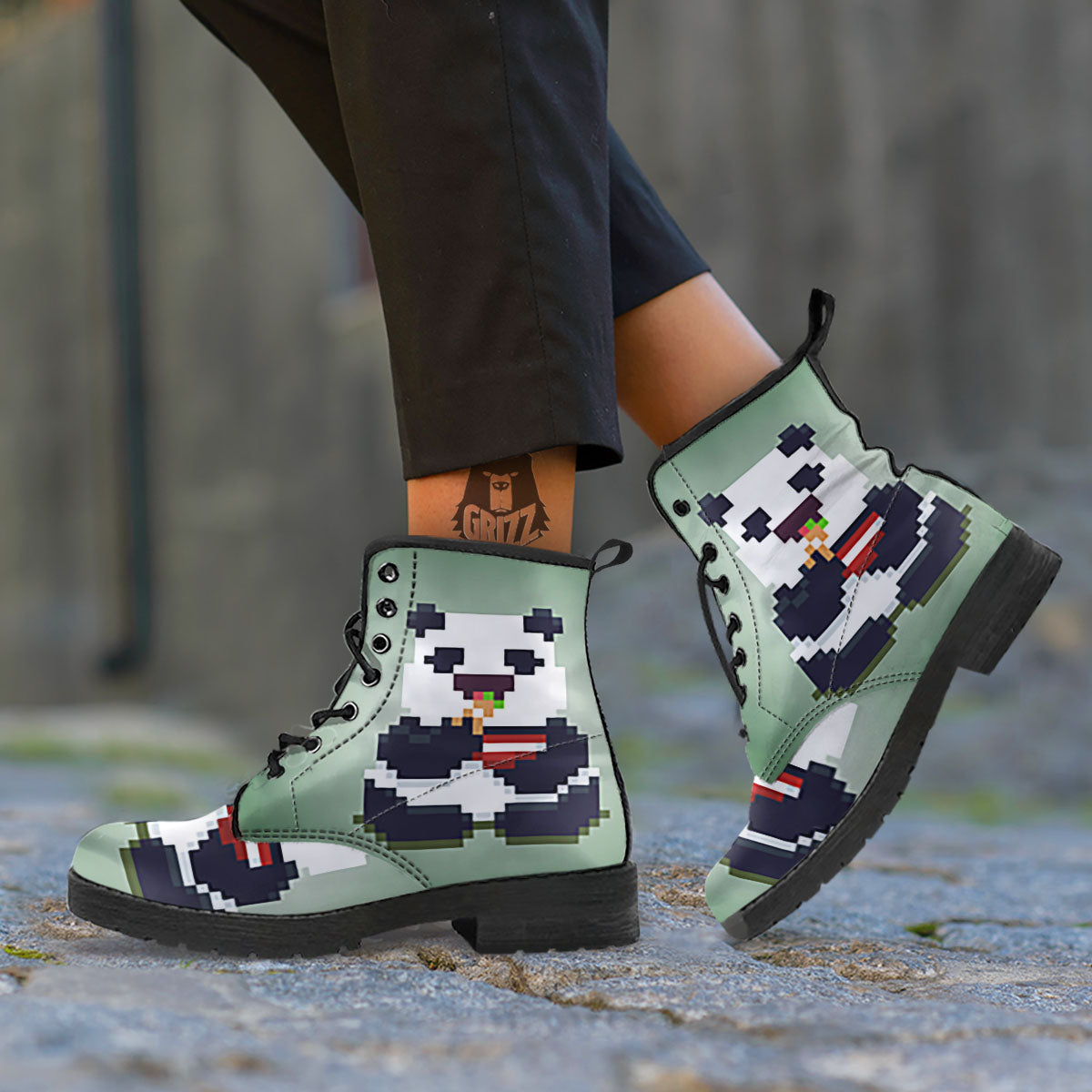 Panda 8-Bit Pixel Print Leather Boots-grizzshop