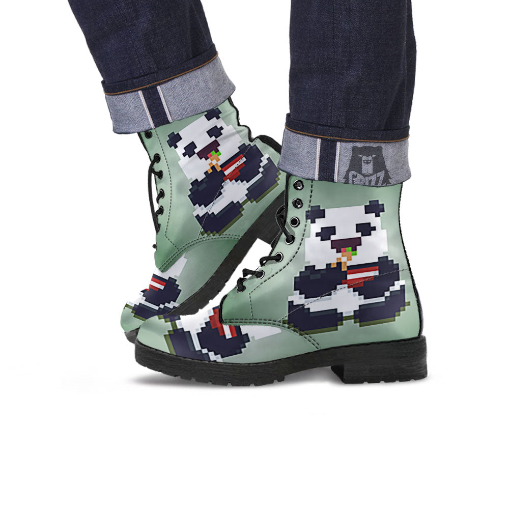 Panda 8-Bit Pixel Print Leather Boots-grizzshop