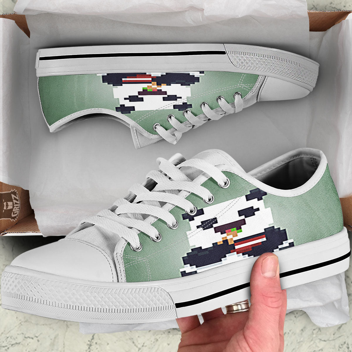Panda 8-Bit Pixel Print White Low Top Shoes-grizzshop