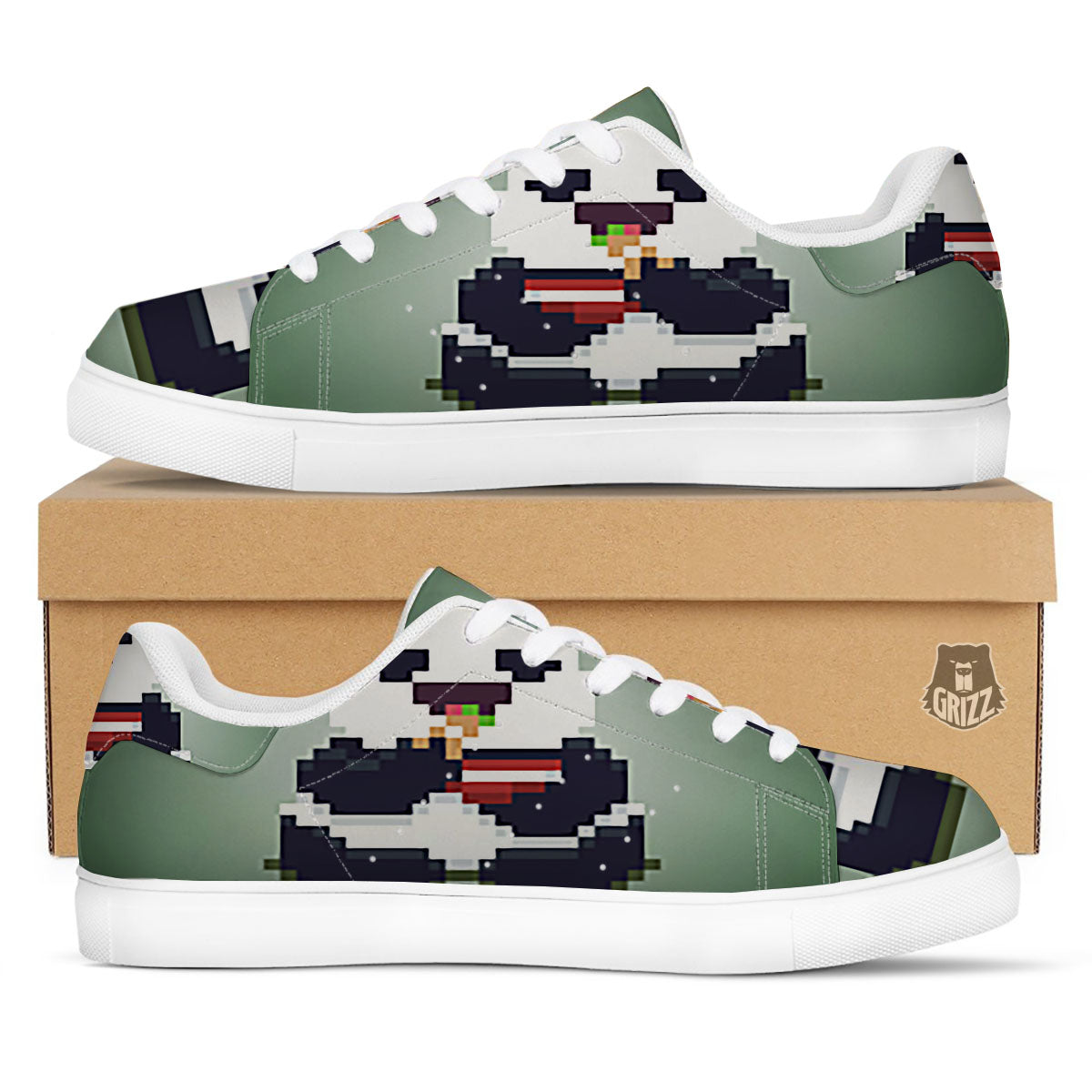 Panda 8-Bit Pixel Print White Low Top Sneakers-grizzshop
