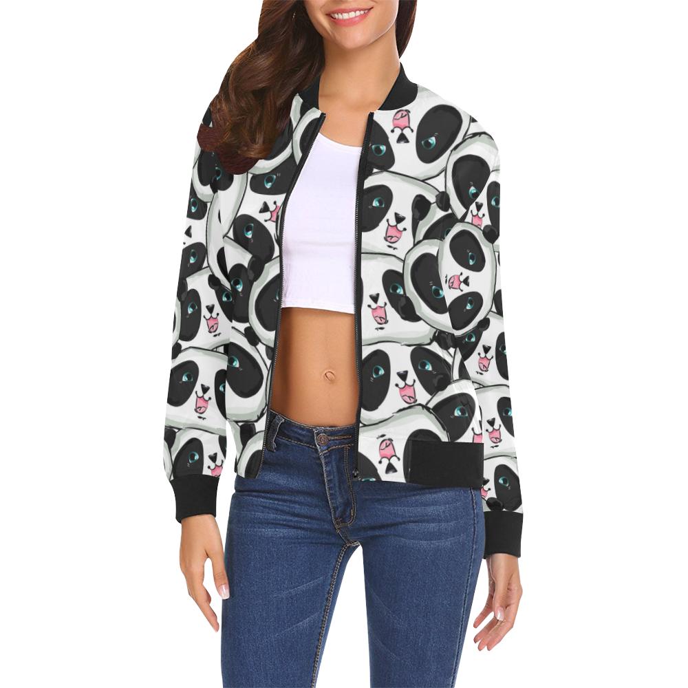 Panda Baby Pattern Print Women Casual Bomber Jacket-grizzshop