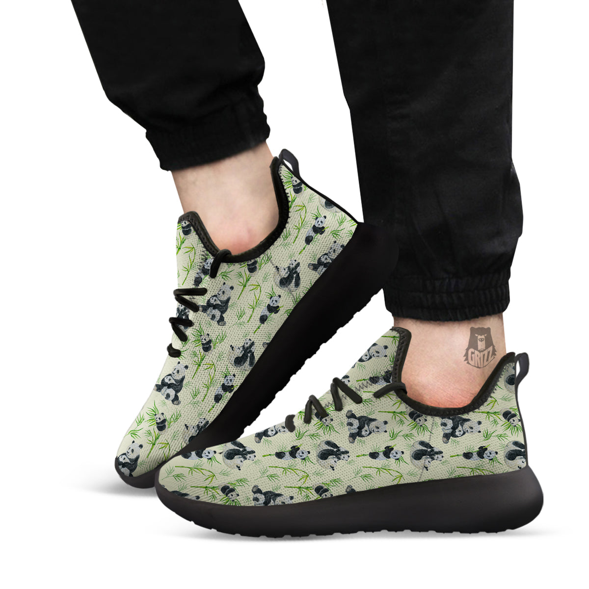 Panda Bamboo And Baby Print Pattern Black Athletic Shoes-grizzshop
