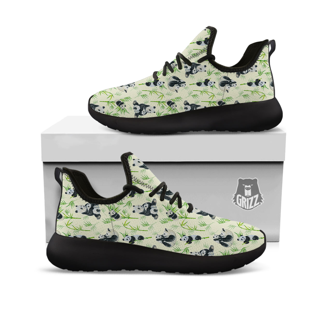 Panda Bamboo And Baby Print Pattern Black Athletic Shoes-grizzshop