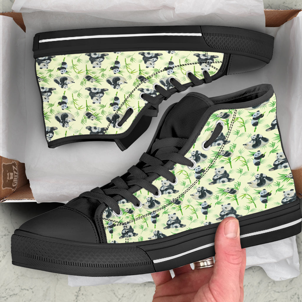 Panda Bamboo And Baby Print Pattern Black High Top Shoes-grizzshop