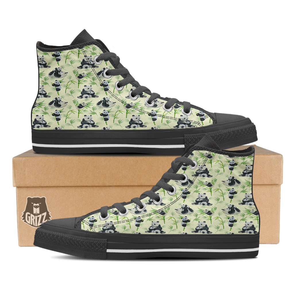 Panda Bamboo And Baby Print Pattern Black High Top Shoes-grizzshop