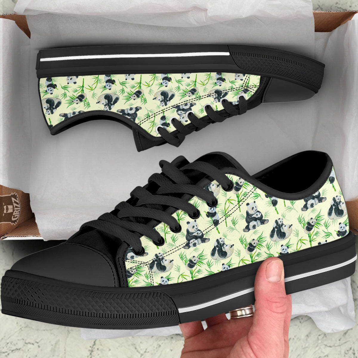 Panda Bamboo And Baby Print Pattern Black Low Top Shoes-grizzshop