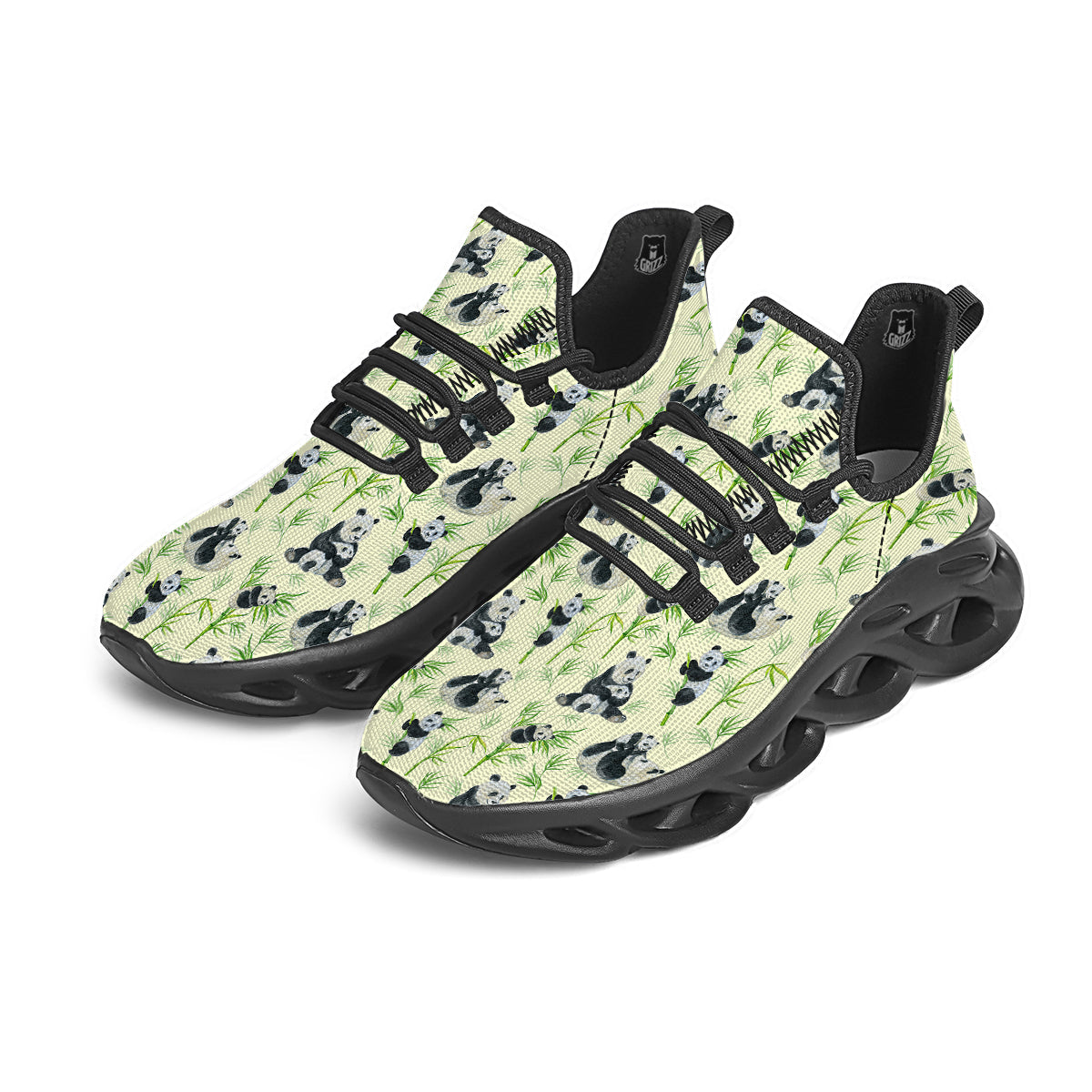 Panda Bamboo And Baby Print Pattern Black Running Shoes-grizzshop