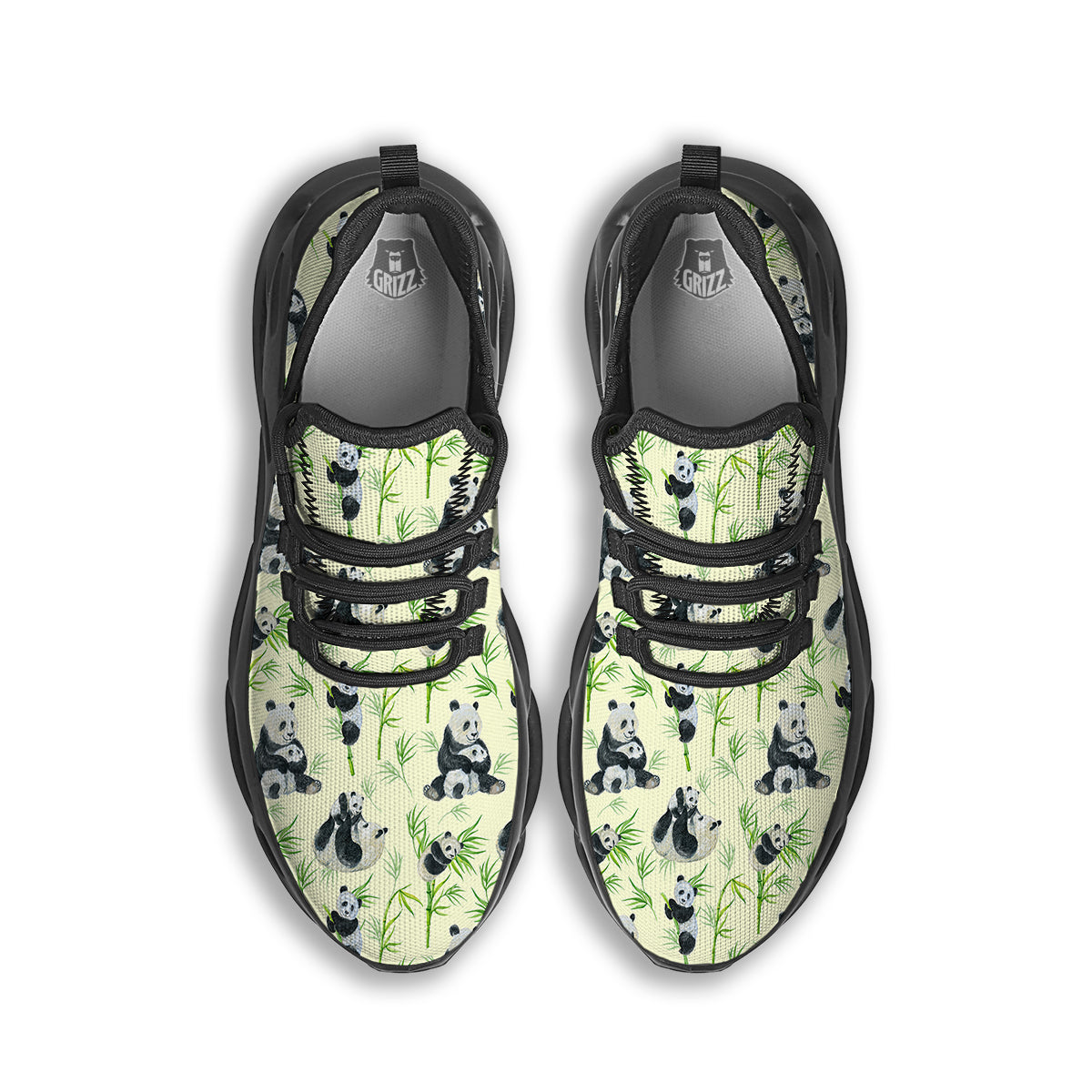 Panda Bamboo And Baby Print Pattern Black Running Shoes-grizzshop