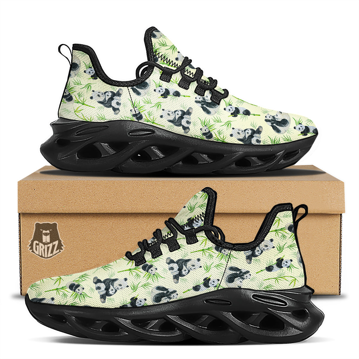 Panda Bamboo And Baby Print Pattern Black Running Shoes-grizzshop