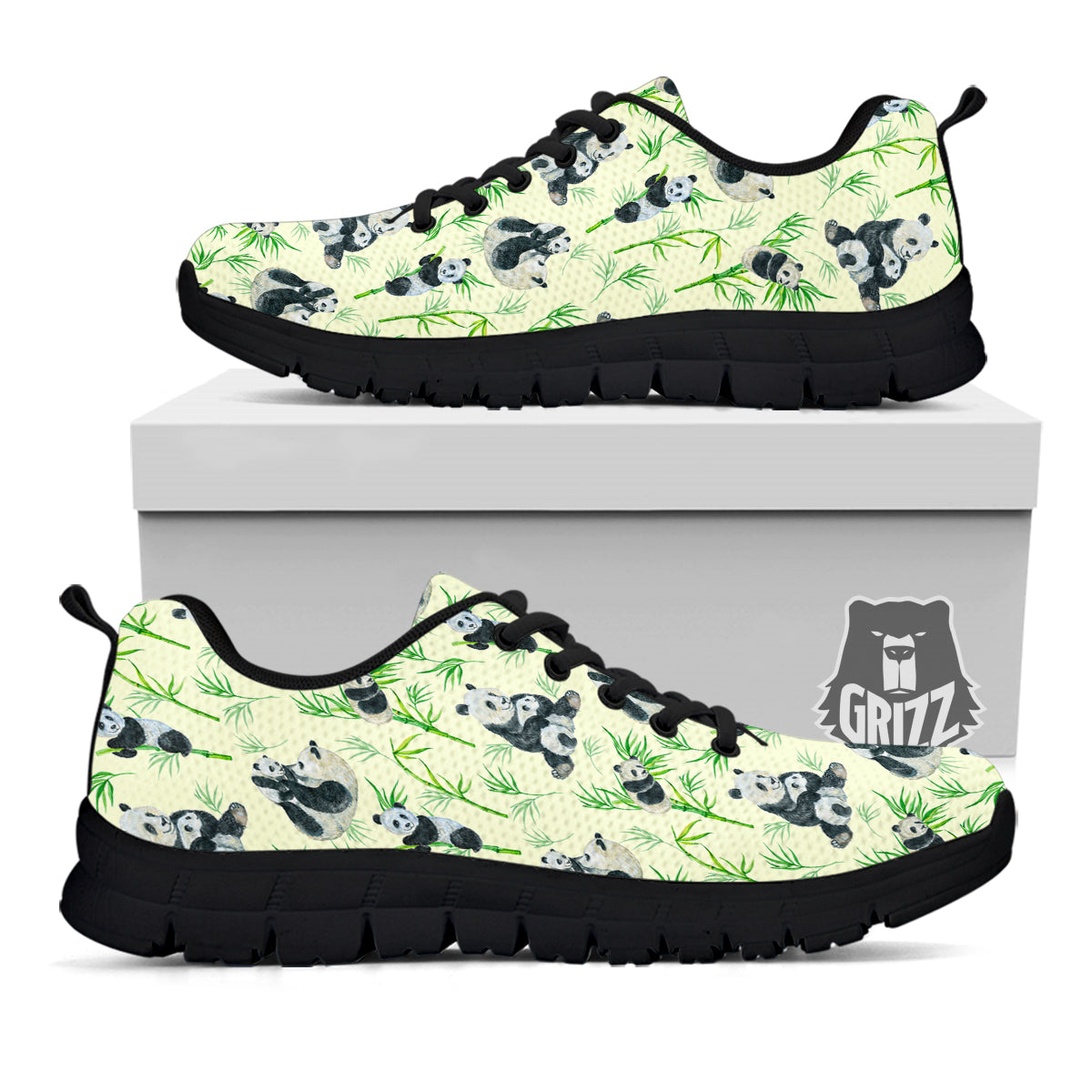 Panda Bamboo And Baby Print Pattern Black Sneaker-grizzshop