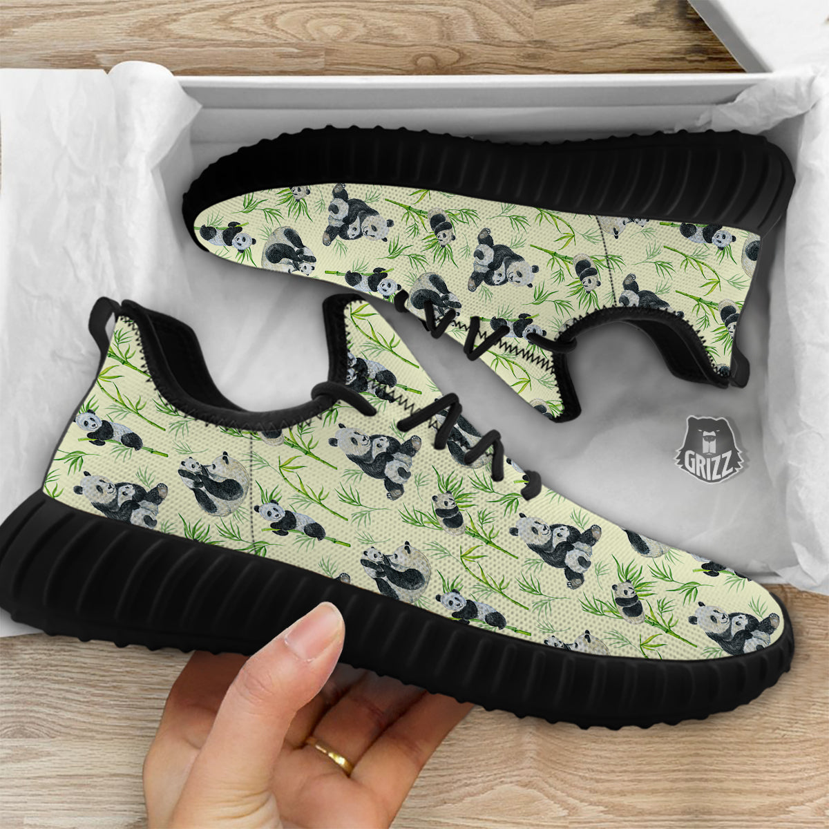 Panda Bamboo And Baby Print Pattern Black Walking Shoes-grizzshop