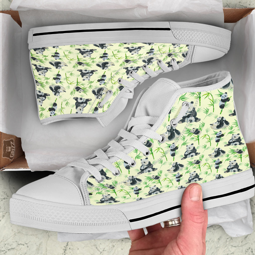 Panda Bamboo And Baby Print Pattern White High Top Shoes-grizzshop
