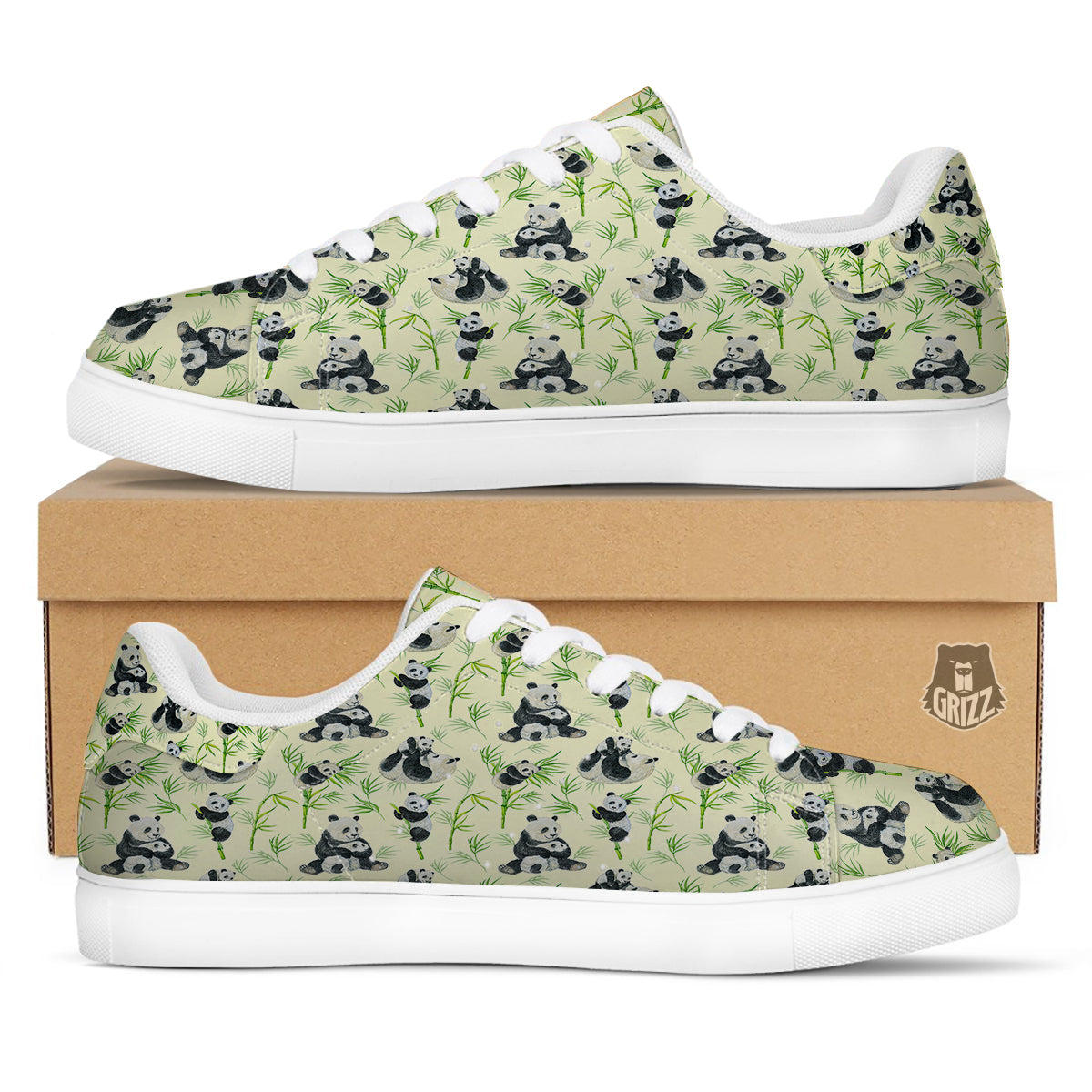 Panda Bamboo And Baby Print Pattern White Low Top Sneakers-grizzshop