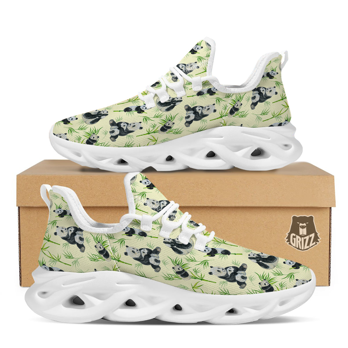 Panda Bamboo And Baby Print Pattern White Running Shoes-grizzshop