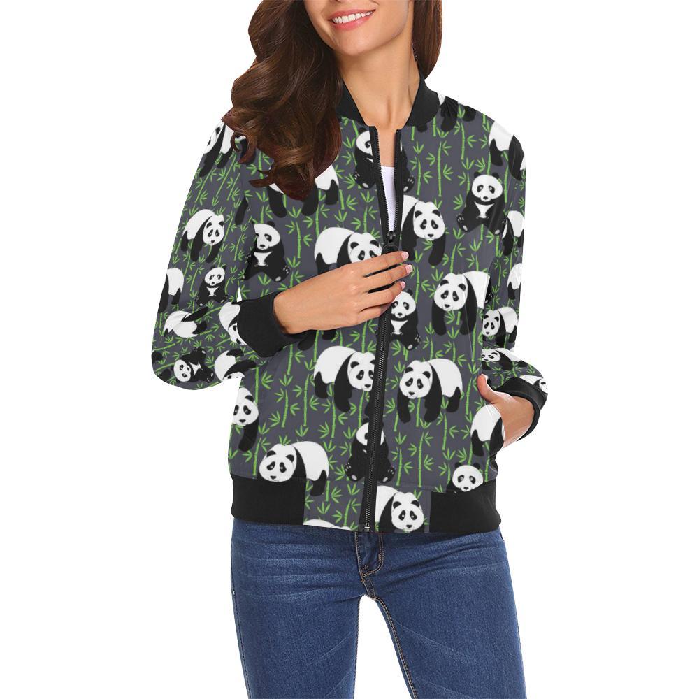 Panda Bamboo Pattern Print Women Casual Bomber Jacket-grizzshop