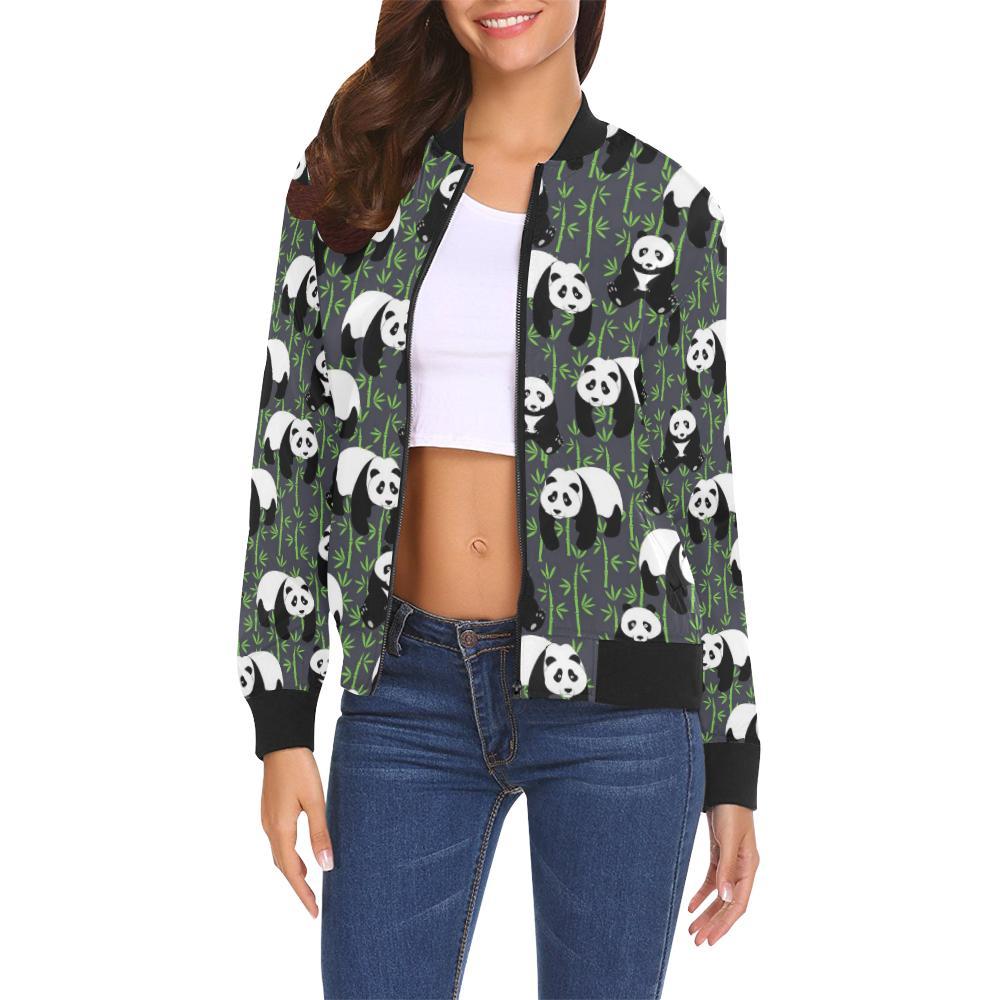 Panda Bamboo Pattern Print Women Casual Bomber Jacket-grizzshop