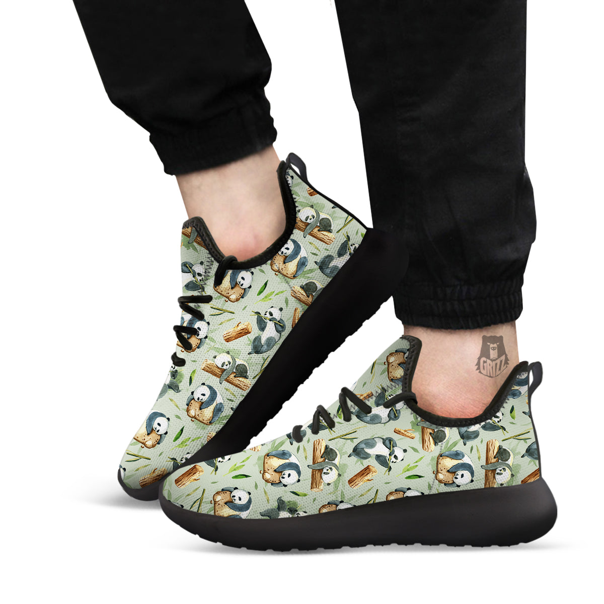 Panda Bear Watercolor Print Pattern Black Athletic Shoes-grizzshop