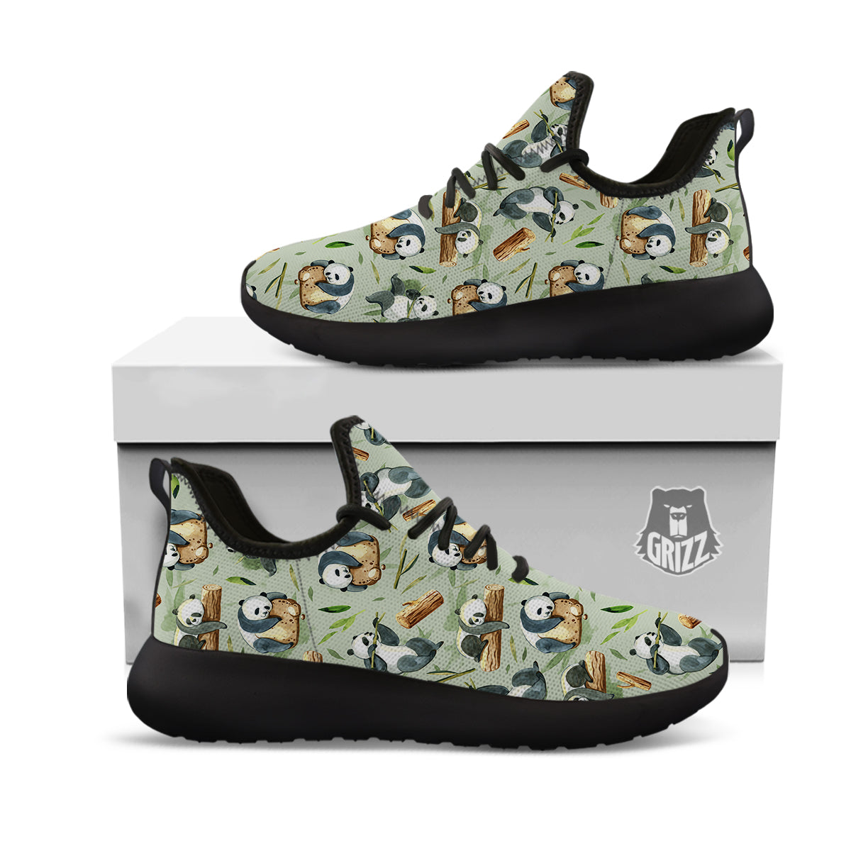 Panda Bear Watercolor Print Pattern Black Athletic Shoes-grizzshop