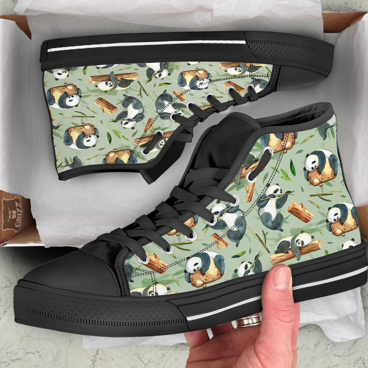 Panda Bear Watercolor Print Pattern Black High Top Shoes-grizzshop