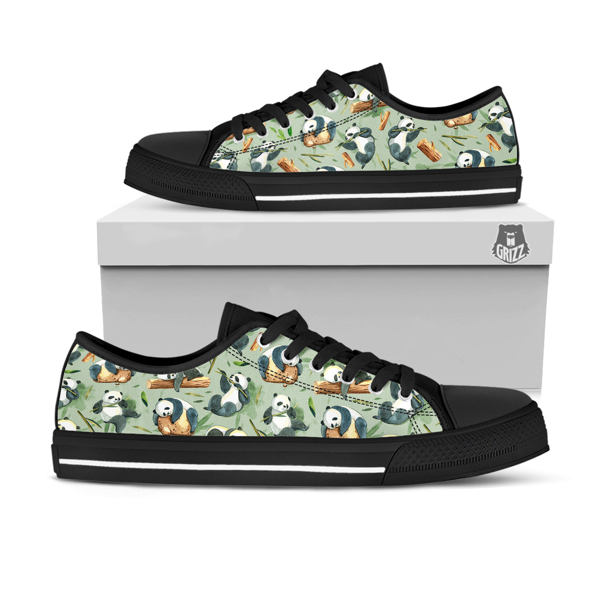 Panda Bear Watercolor Print Pattern Black Low Top Shoes-grizzshop