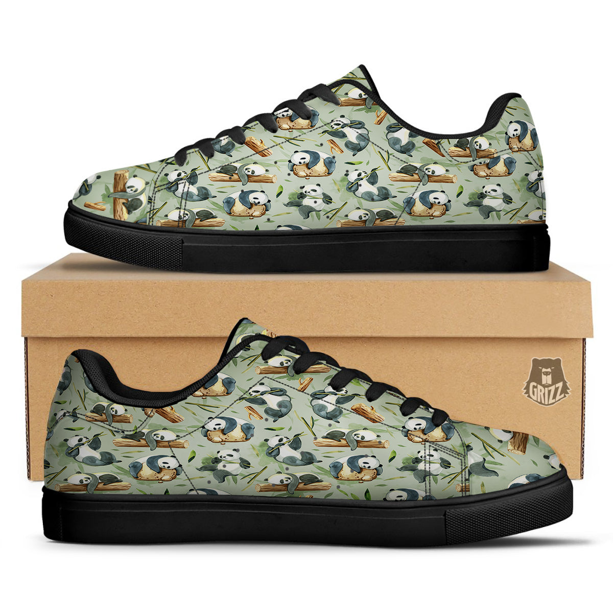 Panda Bear Watercolor Print Pattern Black Low Top Sneakers-grizzshop