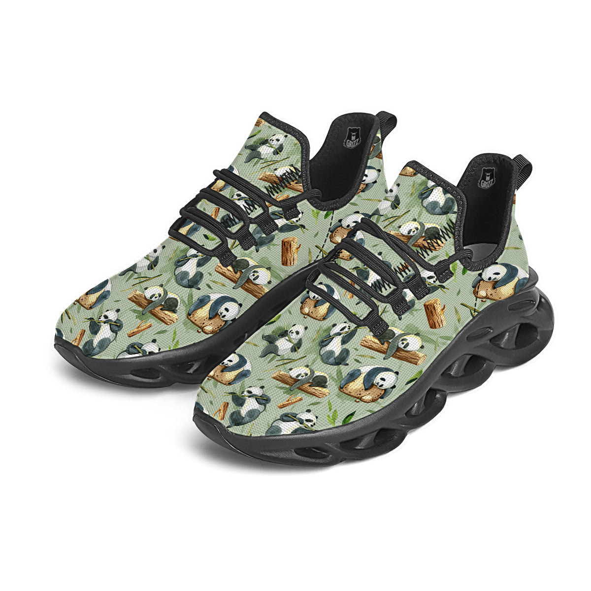 Panda Bear Watercolor Print Pattern Black Running Shoes-grizzshop
