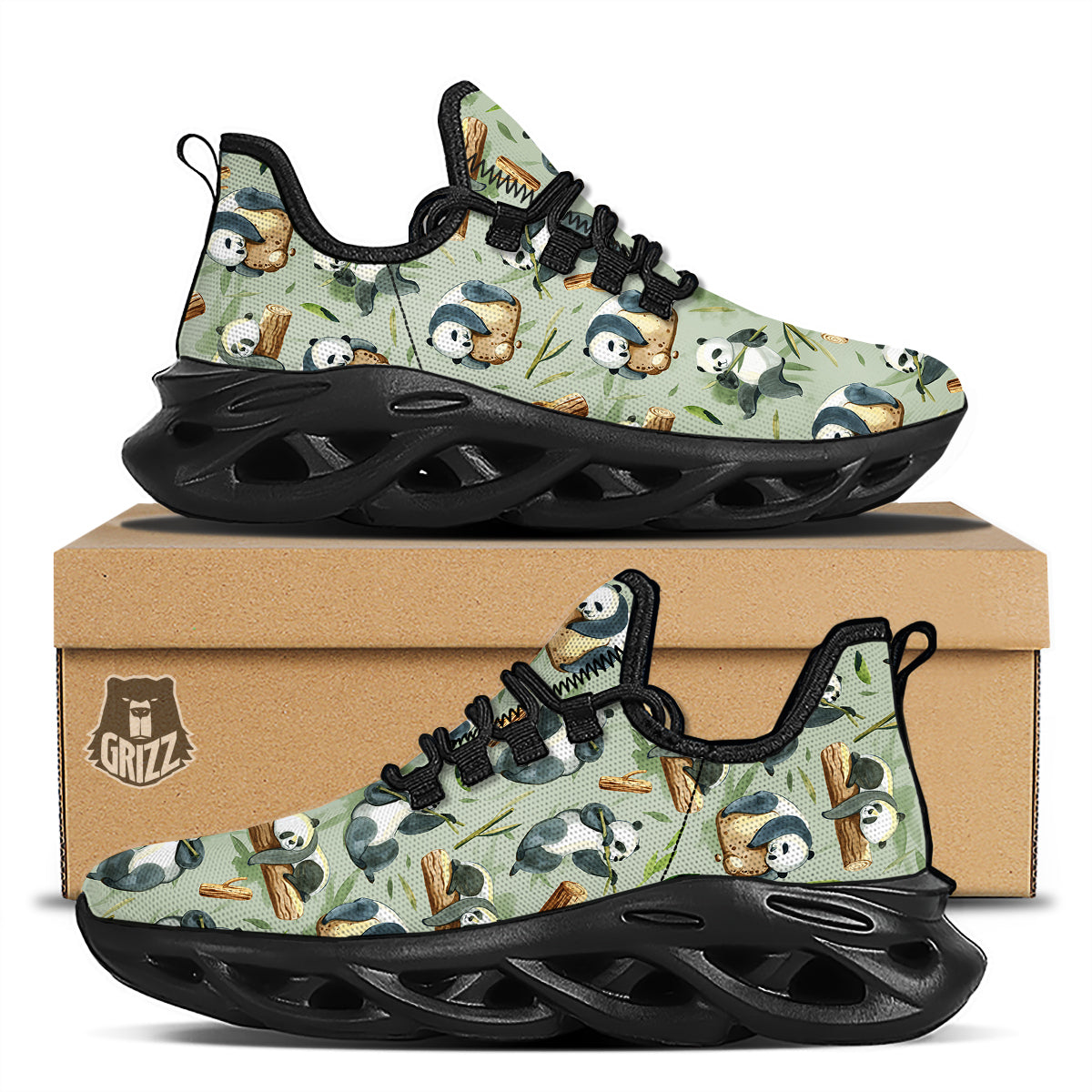 Panda Bear Watercolor Print Pattern Black Running Shoes-grizzshop