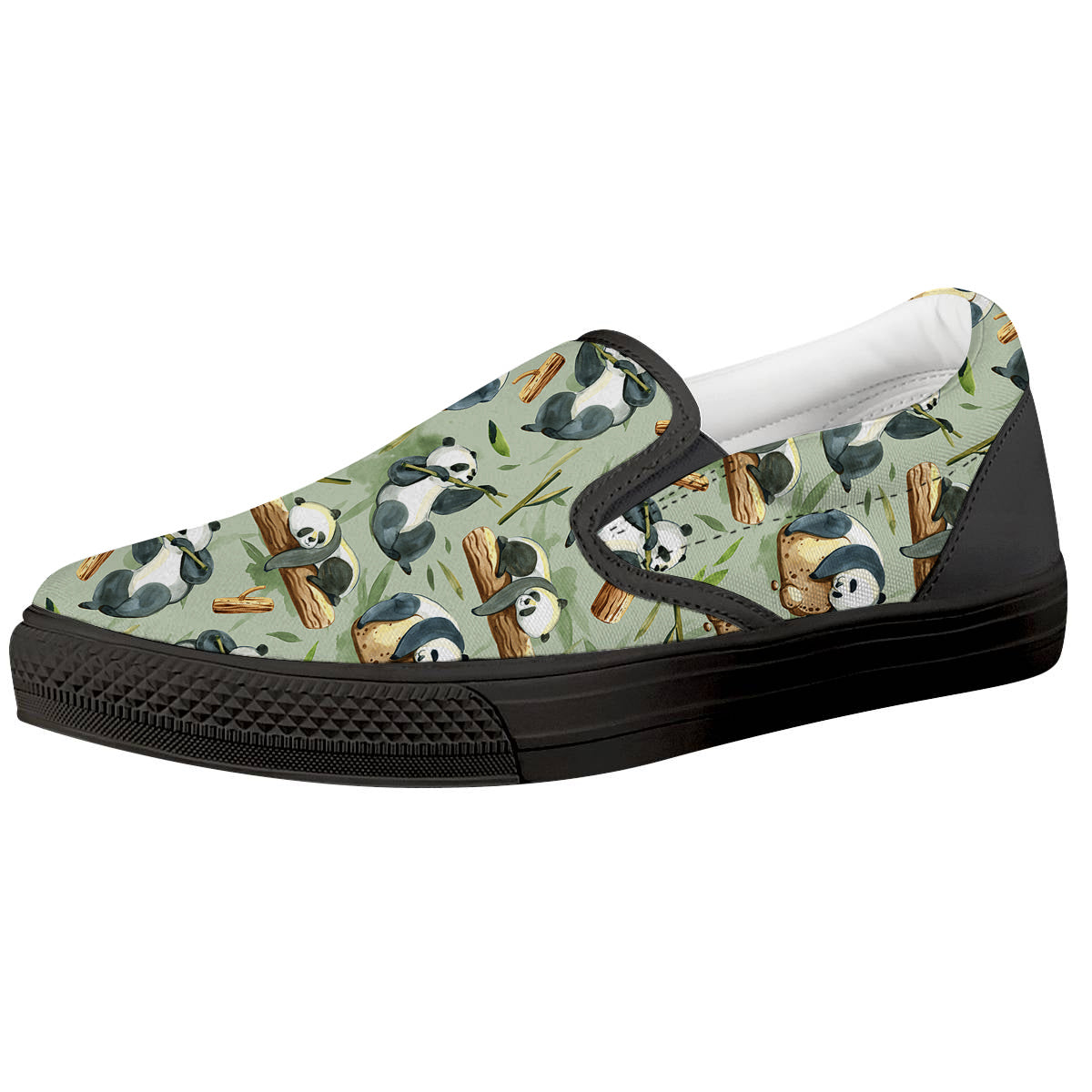 Panda Bear Watercolor Print Pattern Black Slip On Shoes-grizzshop