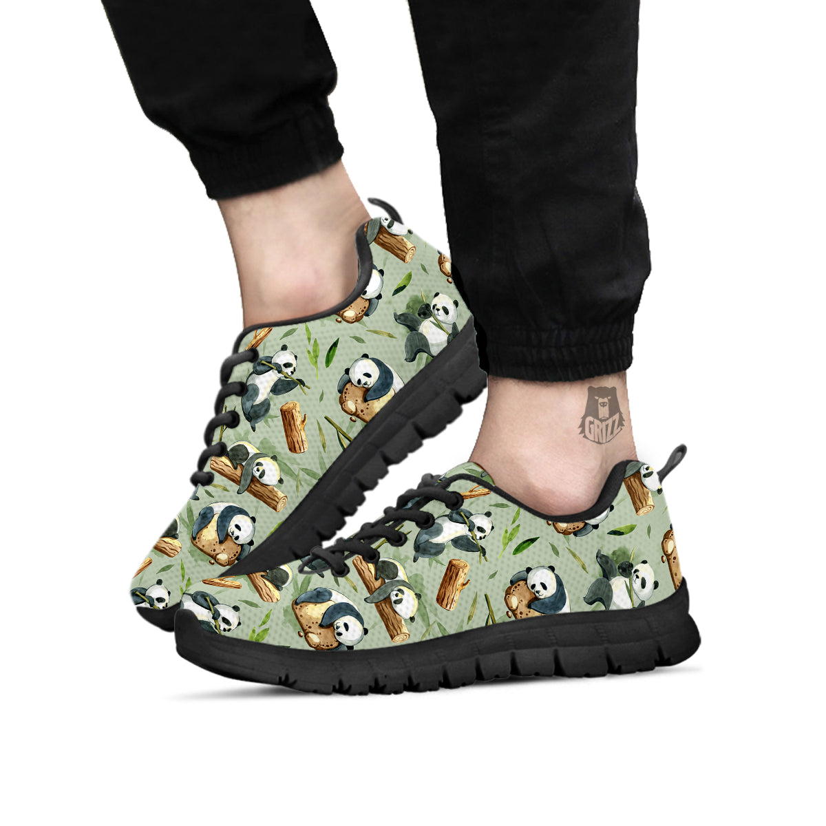 Panda Bear Watercolor Print Pattern Black Sneaker-grizzshop