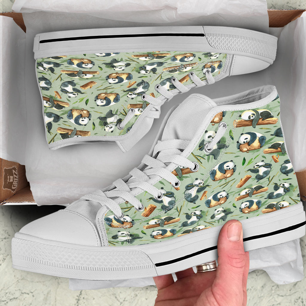Panda Bear Watercolor Print Pattern White High Top Shoes-grizzshop