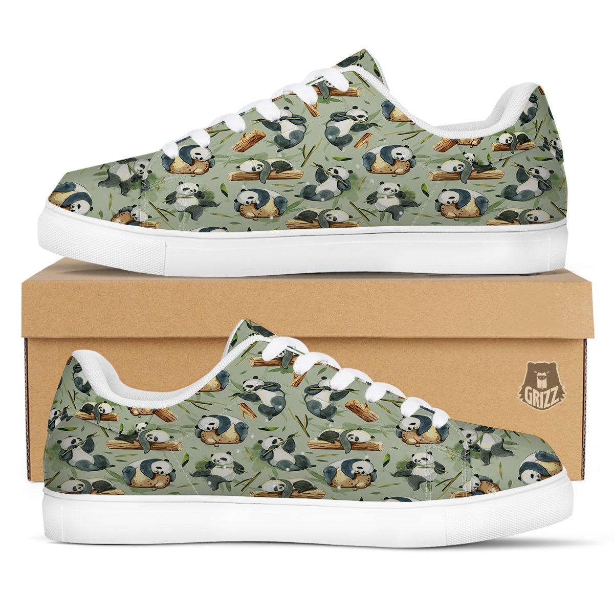 Panda Bear Watercolor Print Pattern White Low Top Sneakers-grizzshop
