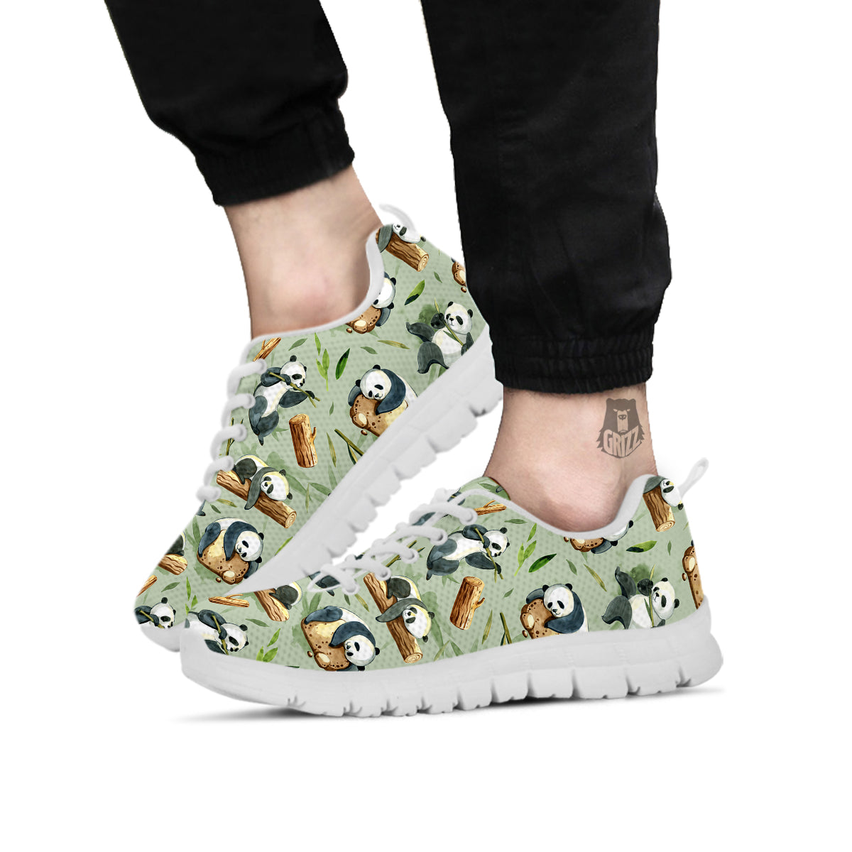 Panda Bear Watercolor Print Pattern White Sneaker-grizzshop