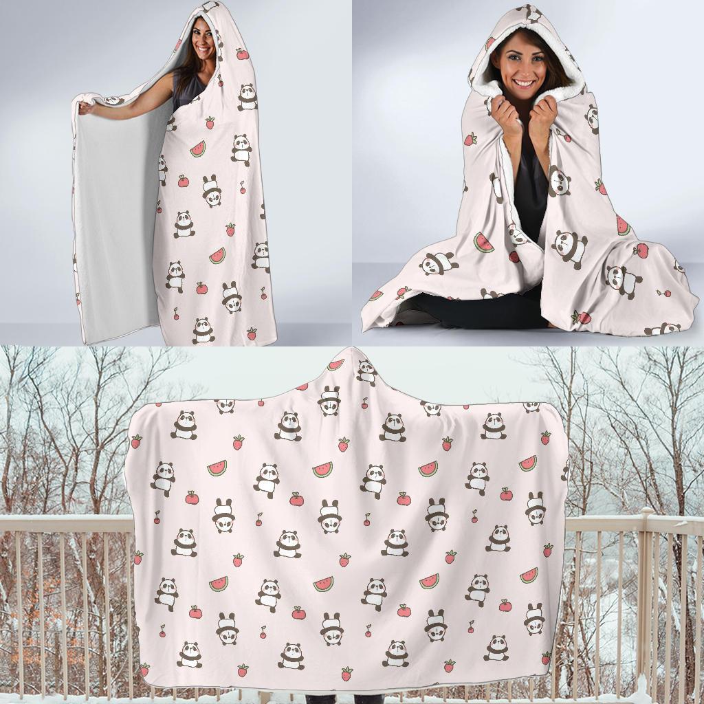 Panda Fruit Pattern Print Hooded Blanket-grizzshop