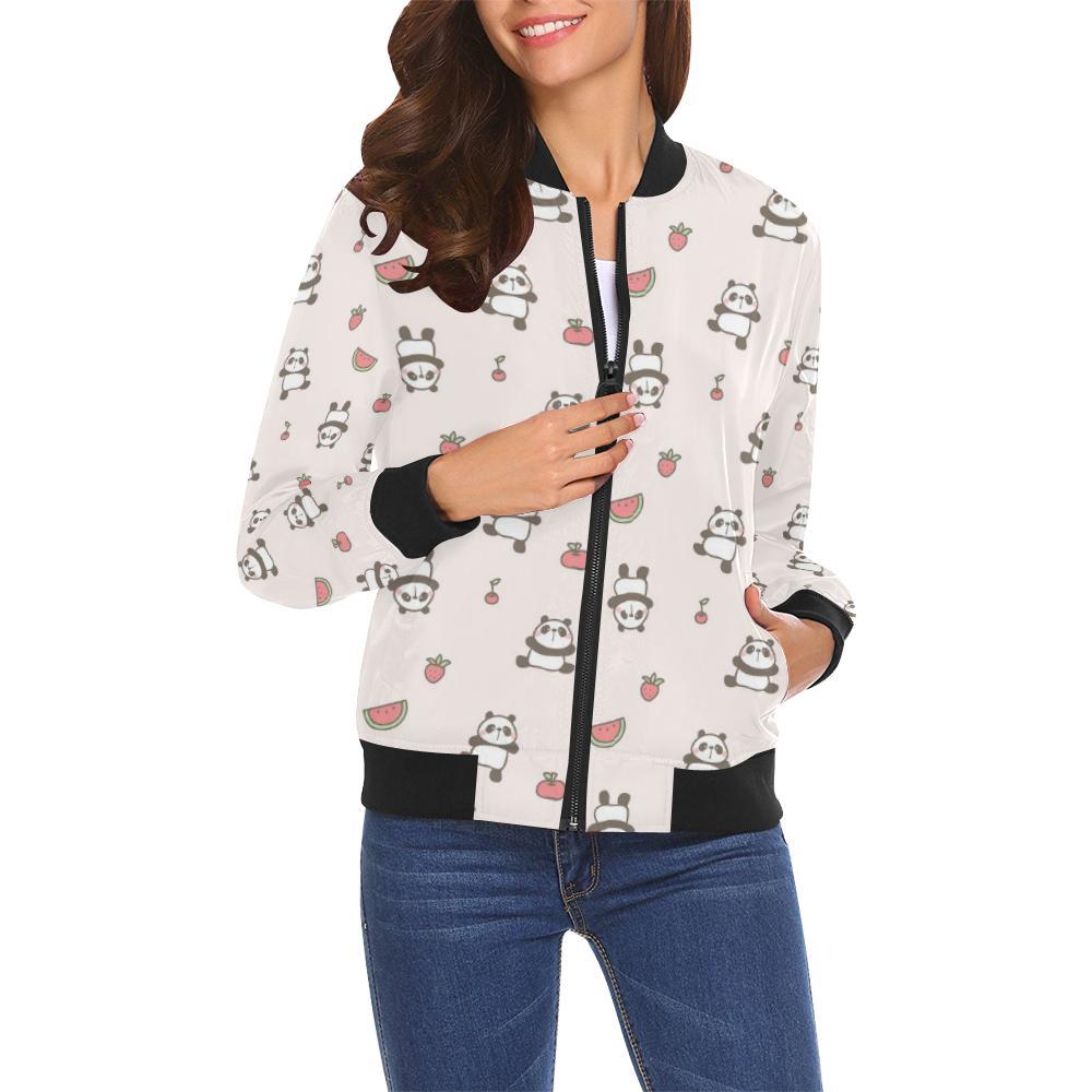 Panda Fruit Pattern Print Women Casual Bomber Jacket-grizzshop