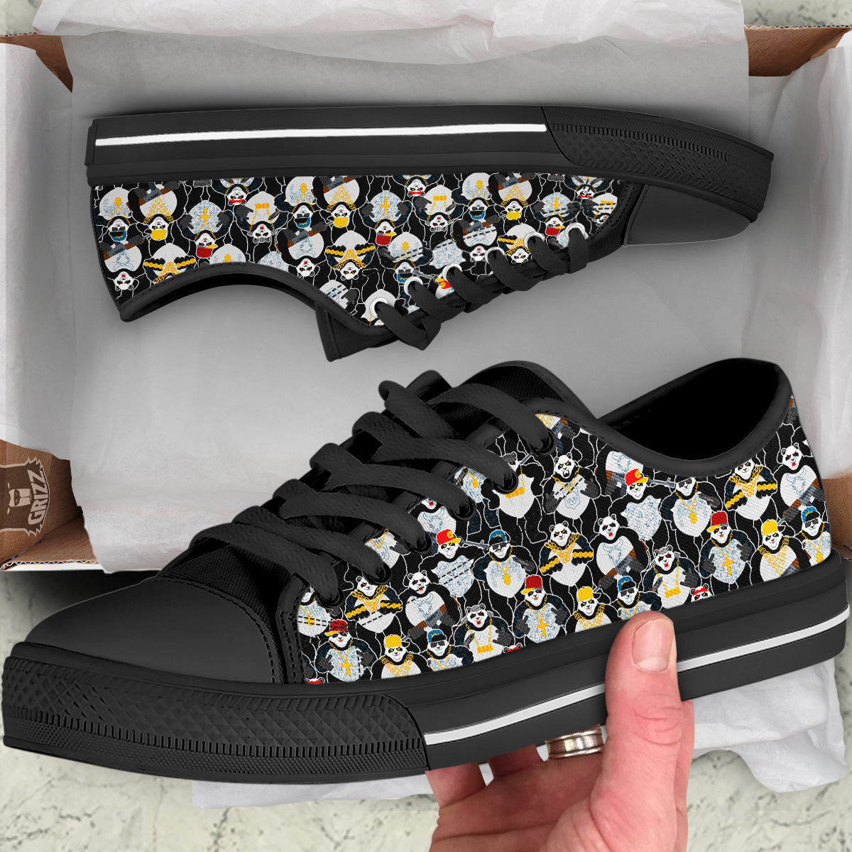 Panda Gangster Gang Print Pattern Black Low Top Shoes-grizzshop
