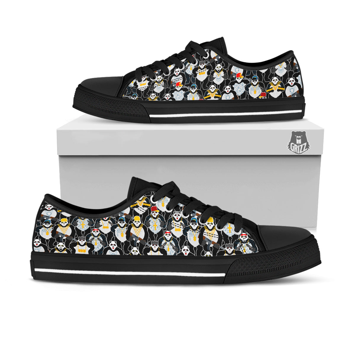 Panda Gangster Gang Print Pattern Black Low Top Shoes-grizzshop