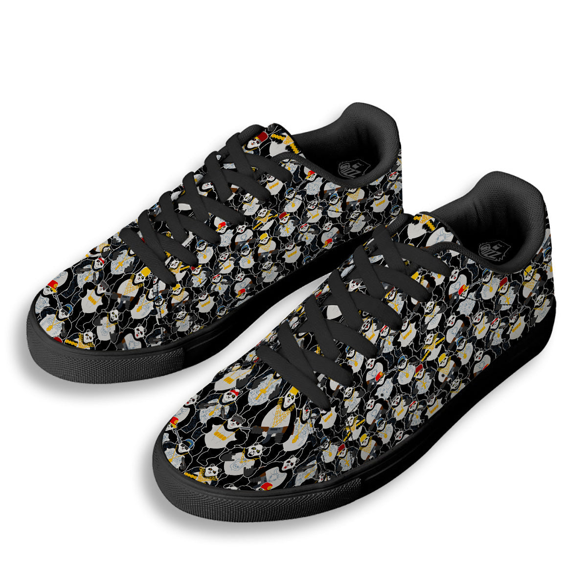 Panda Gangster Gang Print Pattern Black Low Top Sneakers-grizzshop