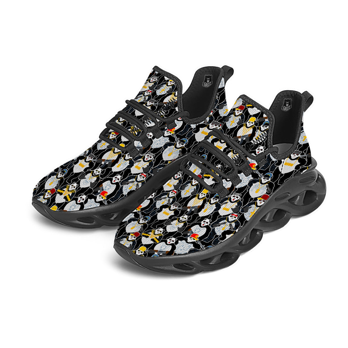 Panda Gangster Gang Print Pattern Black Running Shoes-grizzshop
