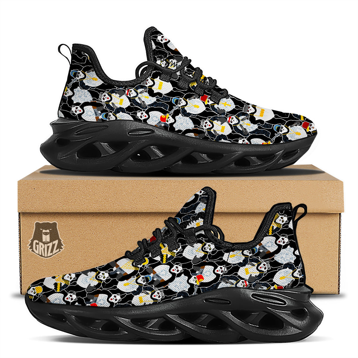 Panda Gangster Gang Print Pattern Black Running Shoes-grizzshop