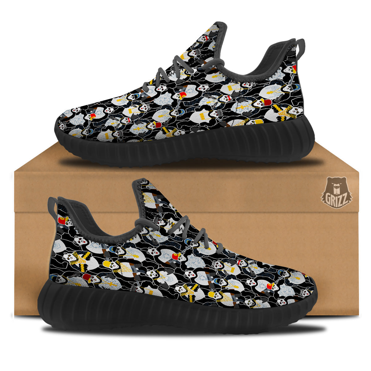 Panda Gangster Gang Print Pattern Black Walking Shoes-grizzshop