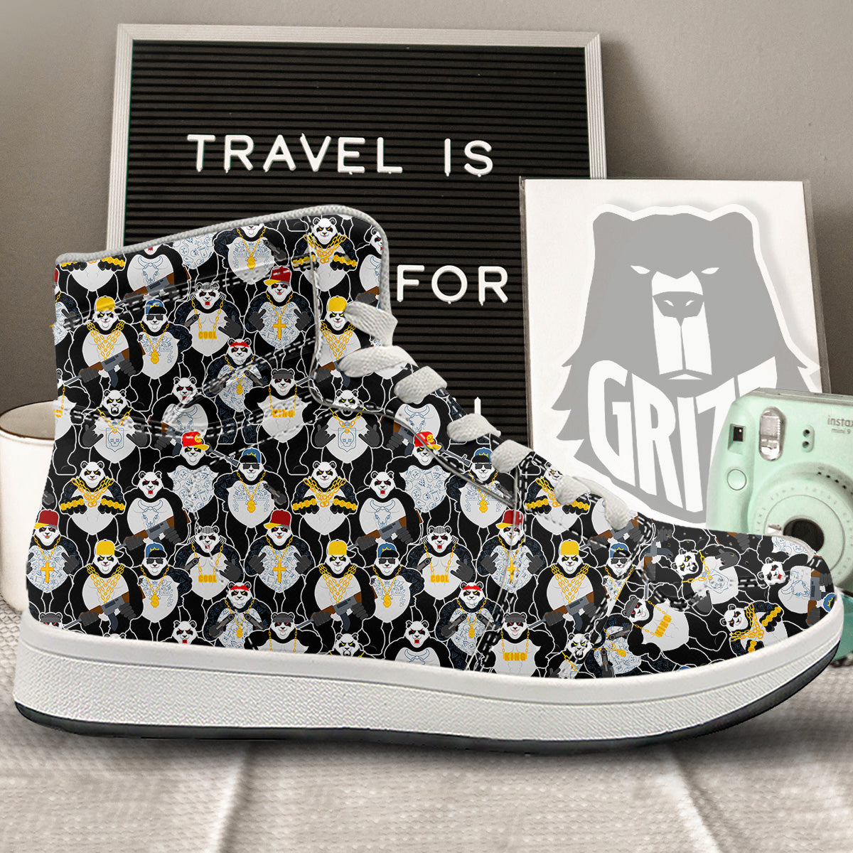 Panda Gangster Gang Print Pattern High Top Sneakers-grizzshop