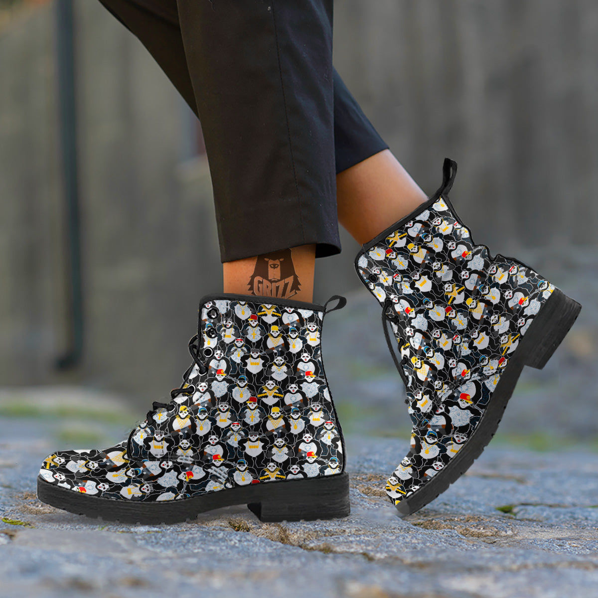 Panda Gangster Gang Print Pattern Leather Boots-grizzshop